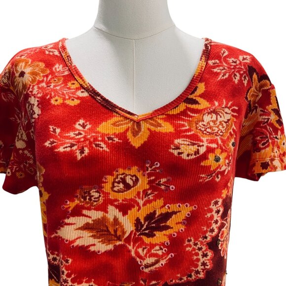 Pierre Cardin Red Floral Beaded Sequin Top Boho Y2K Vintage Festival Large - Picture 7 of 9